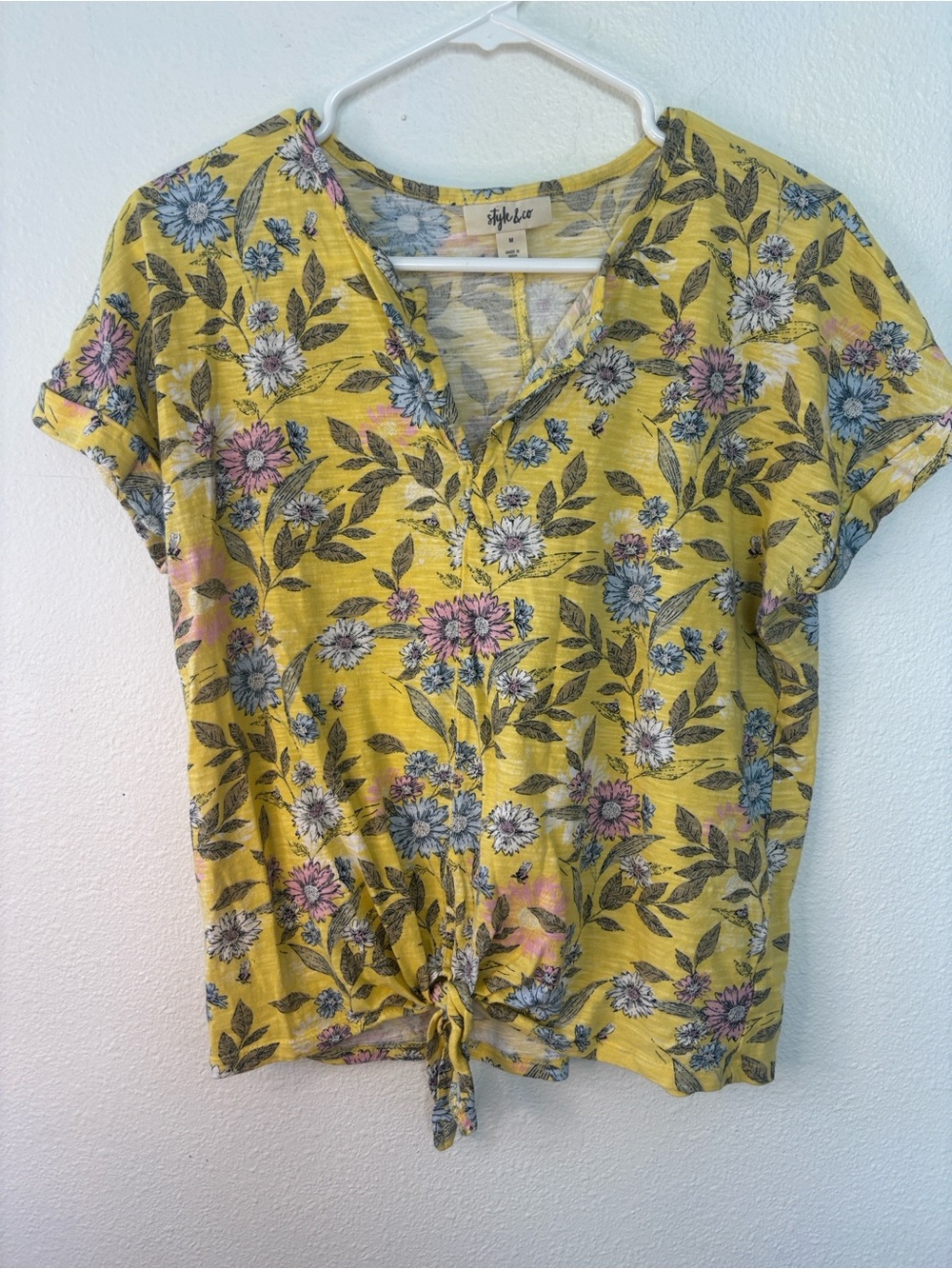Style & Co. Yellow Floral Tie-Front Short Sleeve Top